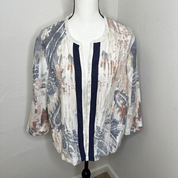 Chico's Watercolor Print Open Jacket‎ Women’s Medium Textured 3/4 Sleeve Size 3 - Picture 3 of 14